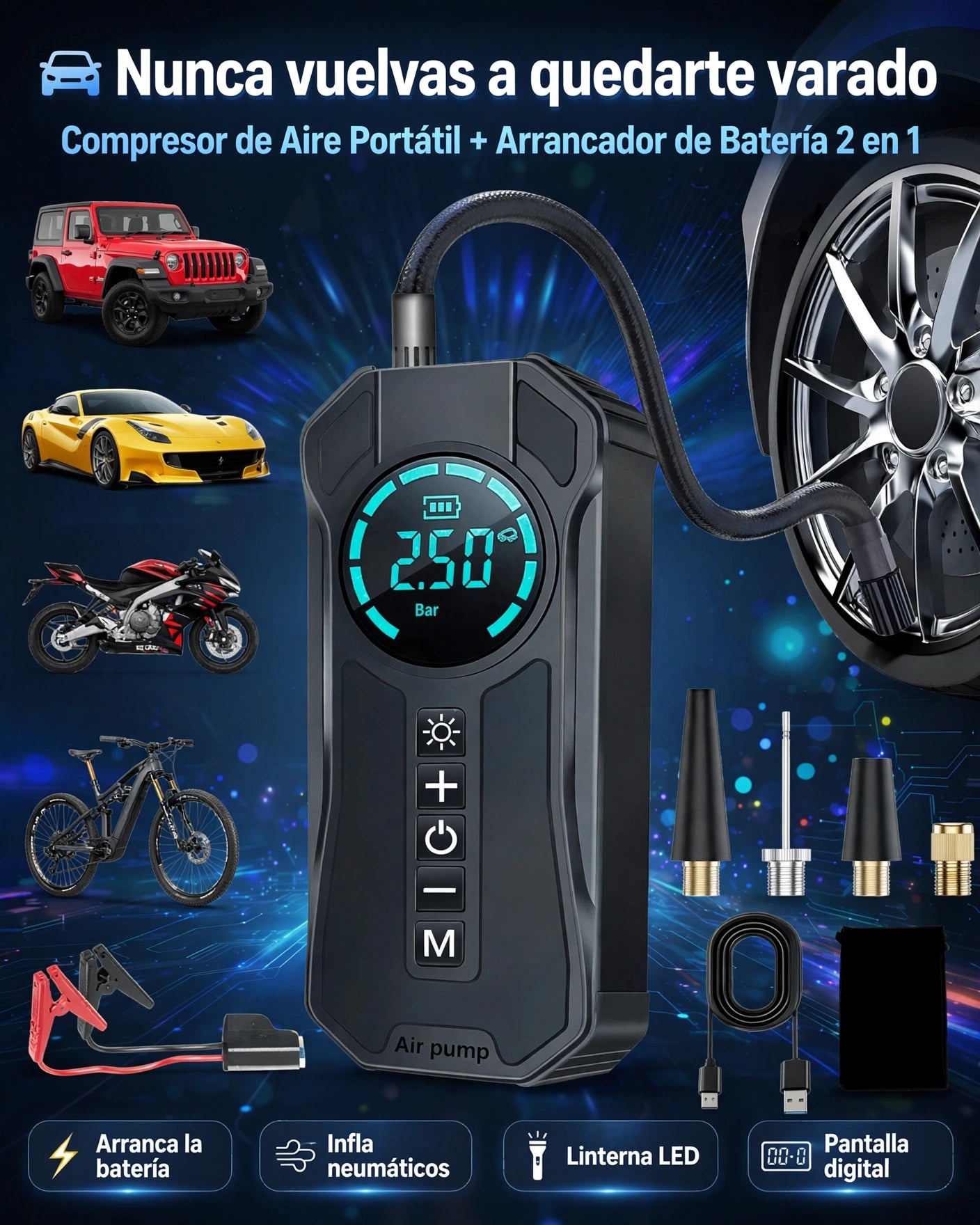 Arrancador y Compresor Portátil 4 en 1
